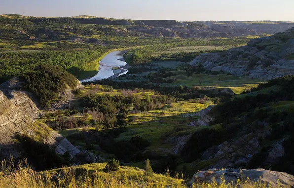 Mountains, river, valley, USA, Theodore Roosevelt National Park