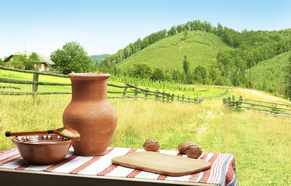 Road, grass, landscape, table, hills, fence, plate, spoon