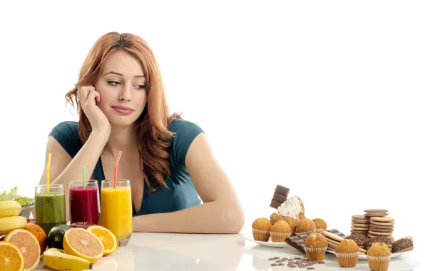 Diet, temptations, natural juices, calories, food with sweets