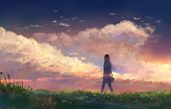 The sky, grass, girl, nature