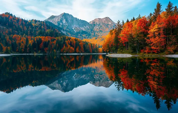 Autumn, clouds, trees, mountains, lake, reflection, blue, shore