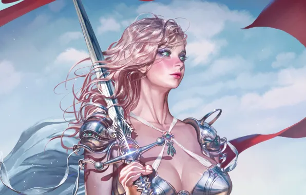 Girl, sword, fantasy, cleavage, armor, green eyes, weapon, breast