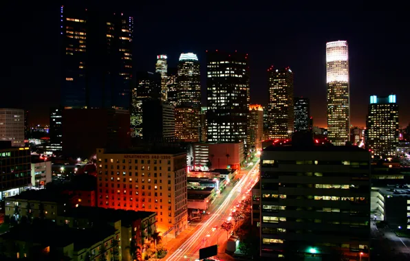 Night, lights, building, Los Angeles, Los Angeles