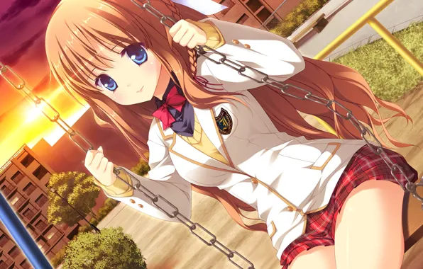 Girl, Smile, Swing, Game CG, Blush, Melty Moment, Ory Yuuka, School uniform