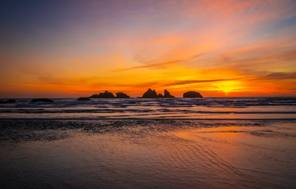 Sea, sunset, rocks, shore, the evening, silhouettes