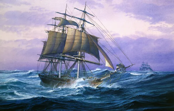 Wave, storm, the ocean, figure, ship, sailboat, sails, large