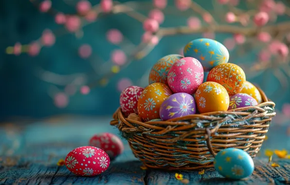 Holiday, Board, eggs, branch, spring, Easter, basket, colorful