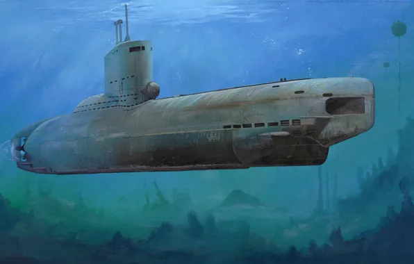 War, art, painting, ww2, submarine, U-Boot-class XXIII