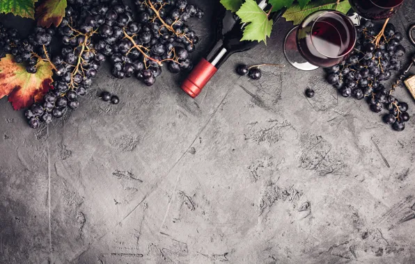 Leaves, background, wine, glass, bottle, harvest, Grapes