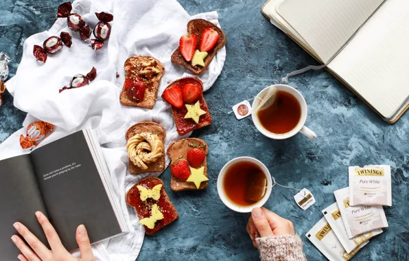 Tea, chocolate, Breakfast, strawberry, candy, Notepad, sandwiches, Cup of tea