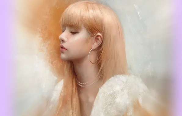 Picture earrings, blonde, profile, Asian, art, bangs, closed eyes, portrait of a girl