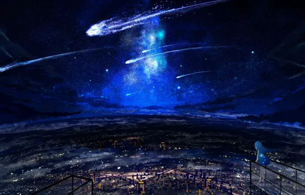 Night, the city, horizon, girl, panorama, the milky way, the view from the top, art
