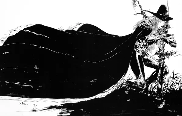 Graphics, cross, sword, hat, black and white, cloak, hunter, art