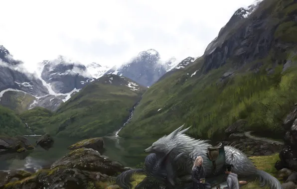 Girl, mountains, nature, lake, stay, wolf, art, guy