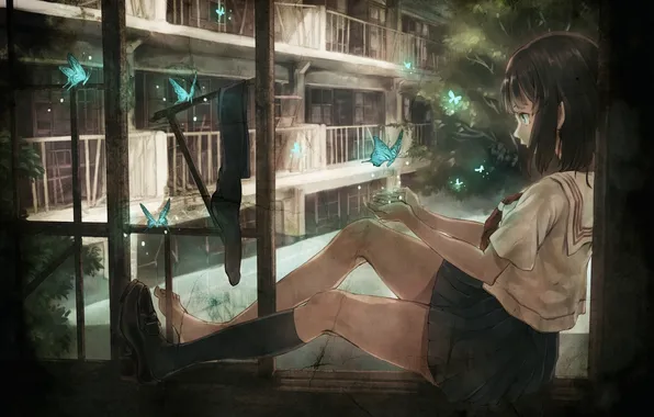 Girl, butterfly, house, tree, window, art, socks, schoolgirl