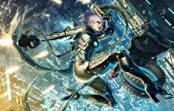 Picture fragments, the city, lights, weapons, jump, Girl, bike, cyborg