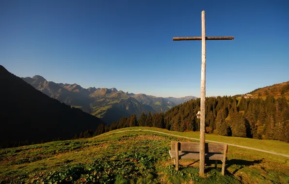 Picture summer, mountains, cross, bench