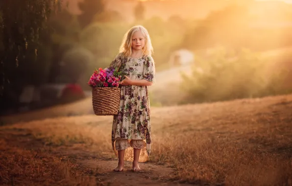 Picture flowers, basket, girl, Country Girl, Edie Layland, With Flower Basket