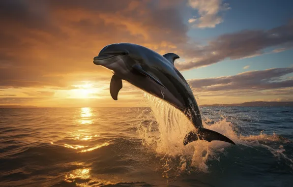 Picture Water, Clouds, Sea, Jump, Dolphin, Dawn, Digital art, AI art