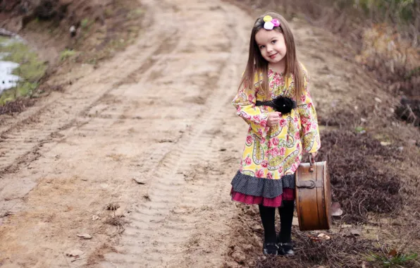 Picture road, mood, girl, suitcase