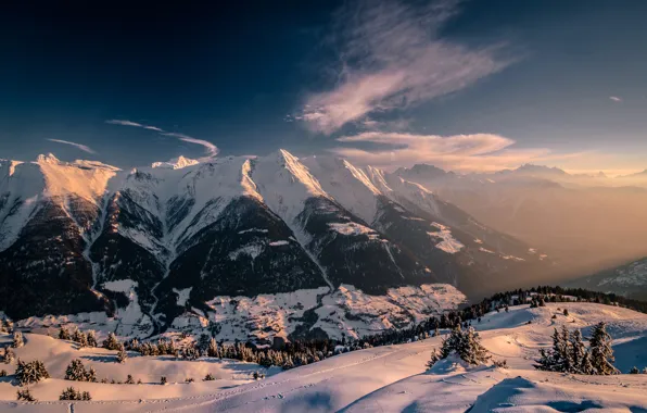 Winter, forest, the sky, the sun, clouds, snow, trees, mountains