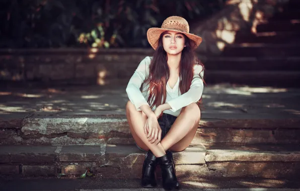 Girl, pose, shorts, hat, ladder, stage, blouse, brown hair
