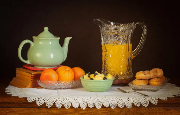 Kettle, juice, still life, tangerines, buns