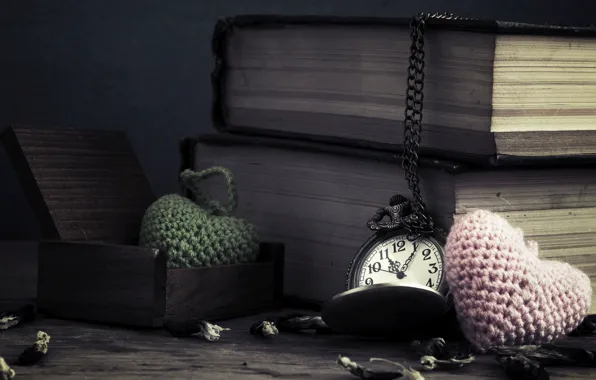 Flowers, time, background, widescreen, Wallpaper, heart, watch, books