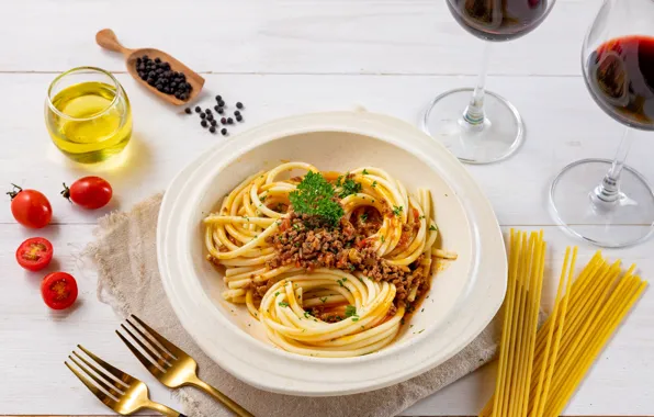 Wine, oil, meat, tomatoes, spaghetti, spices