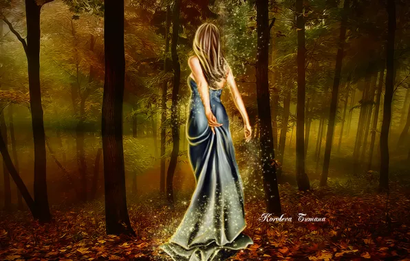 Picture forest, leaves, girl, trees, magic, hair, back, lights