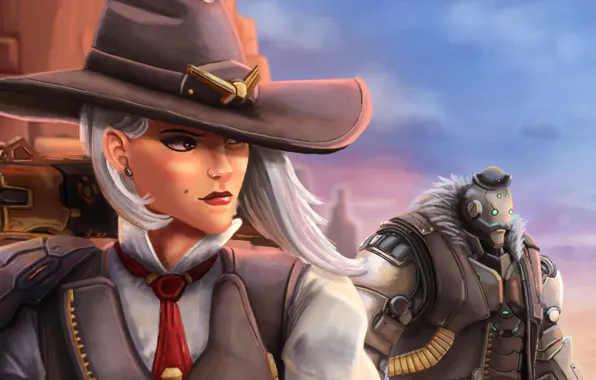 Girl, robot, hat, art, ashe, Bob, overwatch, Elizabeth Caledonia