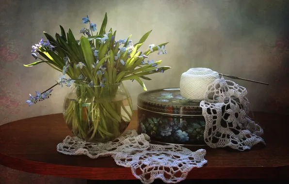 Bouquet, box, thread, primrose, napkin, knitting, Scilla