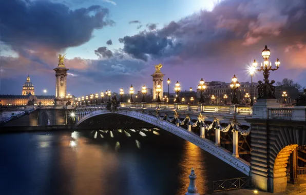 Bridge, the city, lights, Paris, the evening, Paris, France, Pont Alexandre III