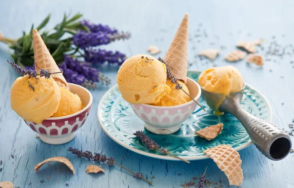Picture ice cream, horn, lavender, bowls
