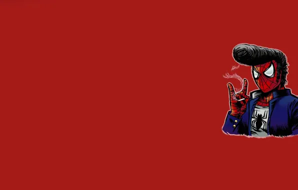 Minimalism, web, hairstyle, cigarette, red background, Elvis Presley, spider-man, spider man