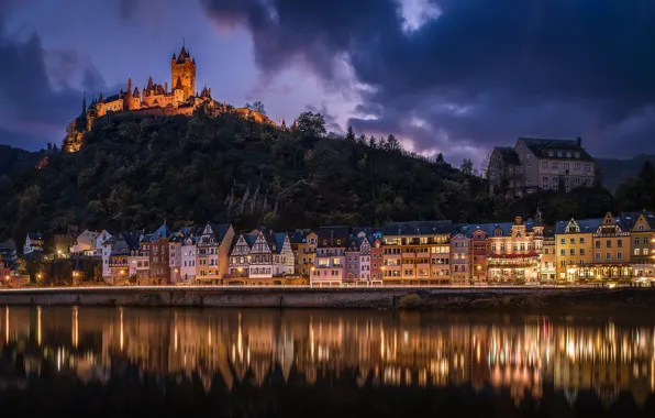 Night, river, castle, building, home, Germany, hill, Germany