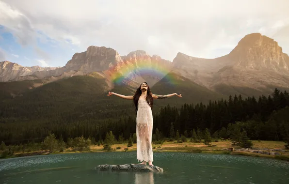 Picture girl, lake, rainbow
