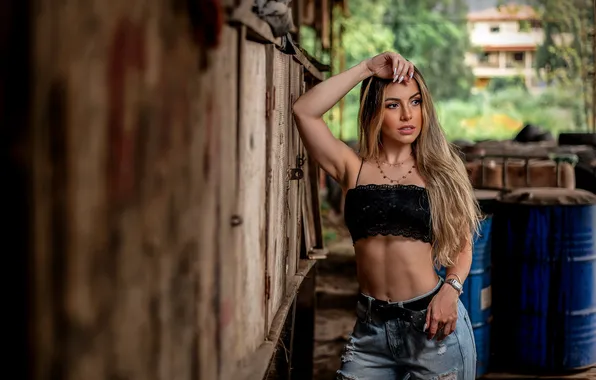 Girl, wall, Board, jeans, blonde, topic