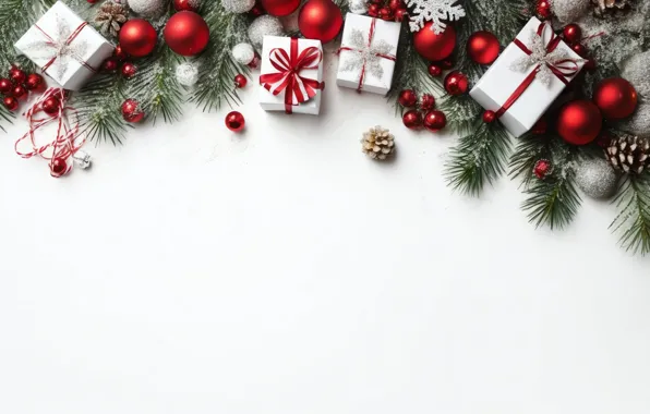 Balls, branches, Christmas, gifts, red, white background, New year, white