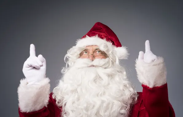 Pose, hands, glasses, Christmas, New year, gloves, grey background, Santa Claus