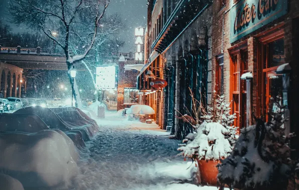 Light, snow, night, traces, bridge, street, the building, lights