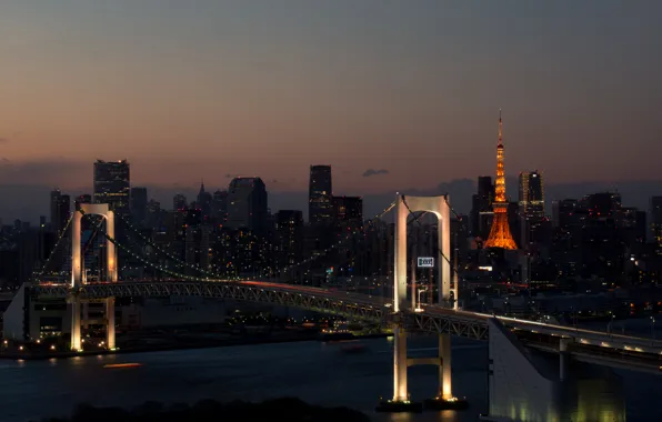 Bridge, lights, tower, the evening, Tokyo, twilight, Rainbow