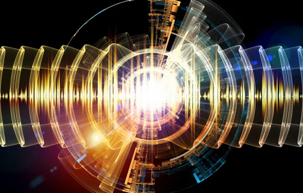 Rays, light, circles, abstraction, lights, the dark background, graphics, wave