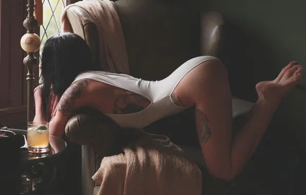 Girl, pose, brunette, tattoos, Poetica