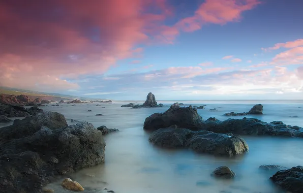 Picture sea, the sky, clouds, stones, landscapes, pink