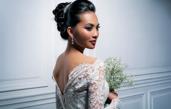 Picture decoration, flowers, portrait, bouquet, makeup, dress, brunette, hairstyle