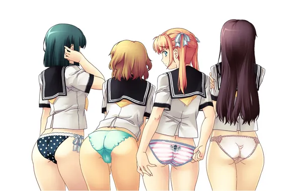 Panties, white background, red, Schoolgirls, girlfriend, sailor, from the back, four girls