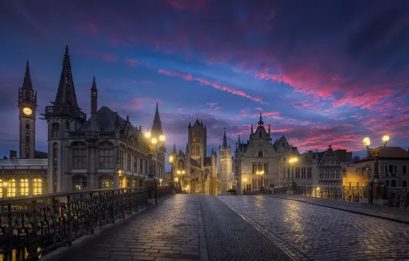 The sky, clouds, the city, morning, Belgium, architecture, bridge, Ghent