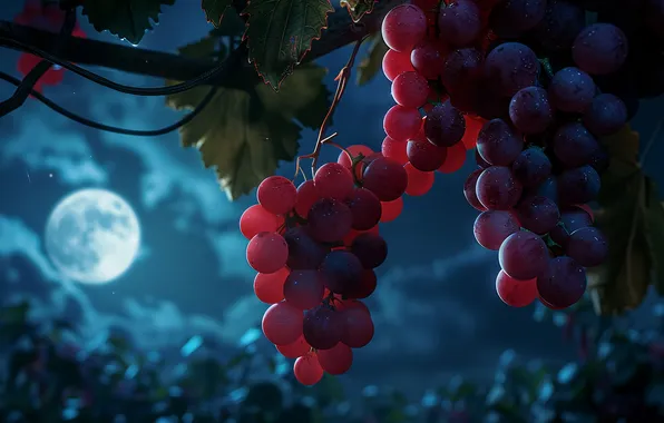 The sky, clouds, light, night, red, the moon, branch, grapes