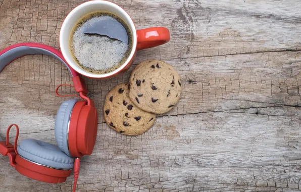 Music, coffee, music, headphones, cookies, headphones, coffee, cookies